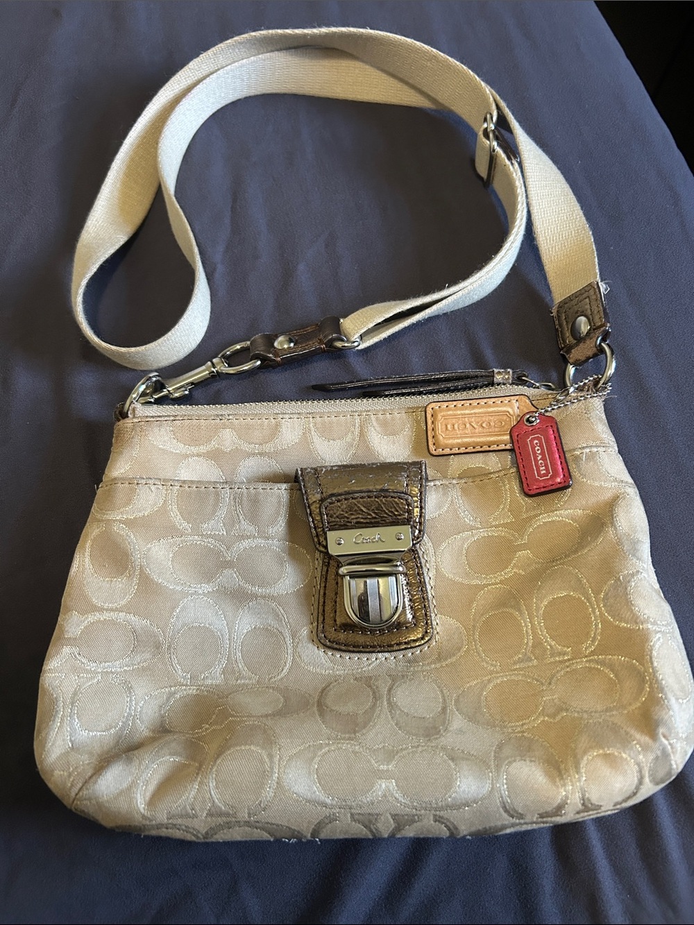 Coach Beige Signature Crossbody with Contrasting Leather Trim